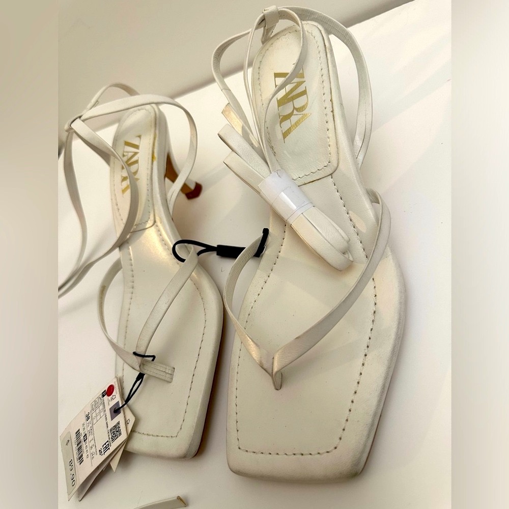 Zara Heeled Sandals | White Leather | Size Euro 38 | Straps To Tie Around Ankle